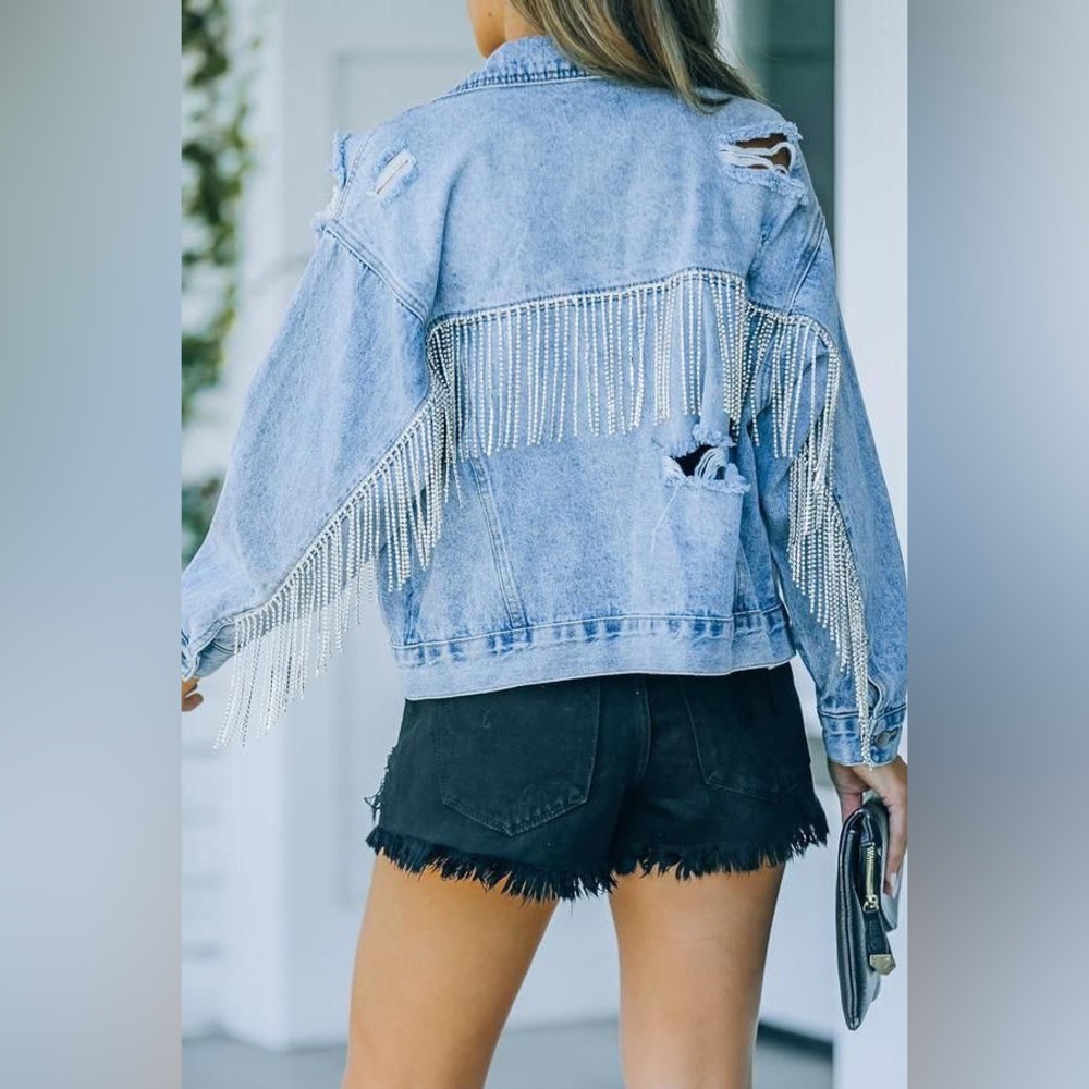 NWT VICI Twelve by Ontwelfth Rhinestone Fringe Denim Jacket S